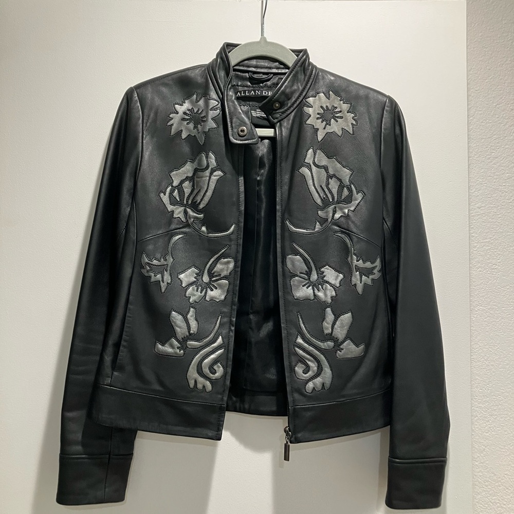 Allan Denis moto Black Leather Jacket with Floral Design size XS
